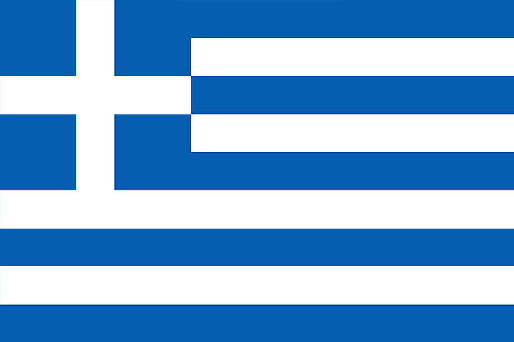 Flag of greece: many thin horizontal stripes in blue and white. In a top left white cross on a blue background.